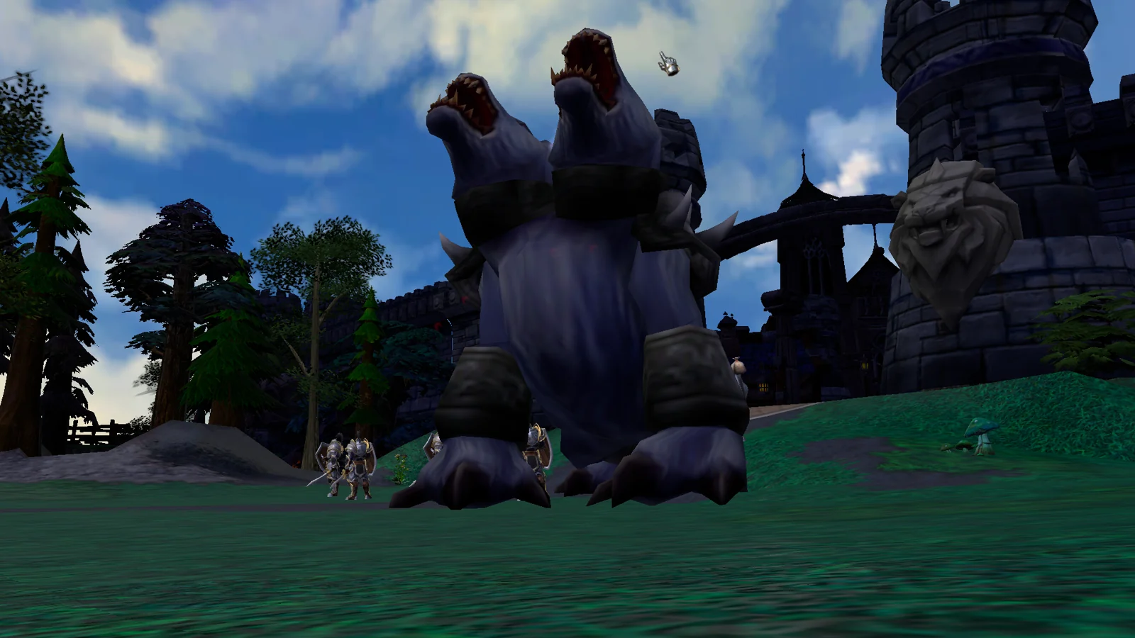 A towering two-headed creature confronts warriors outside a fortress in Daemonic Sword